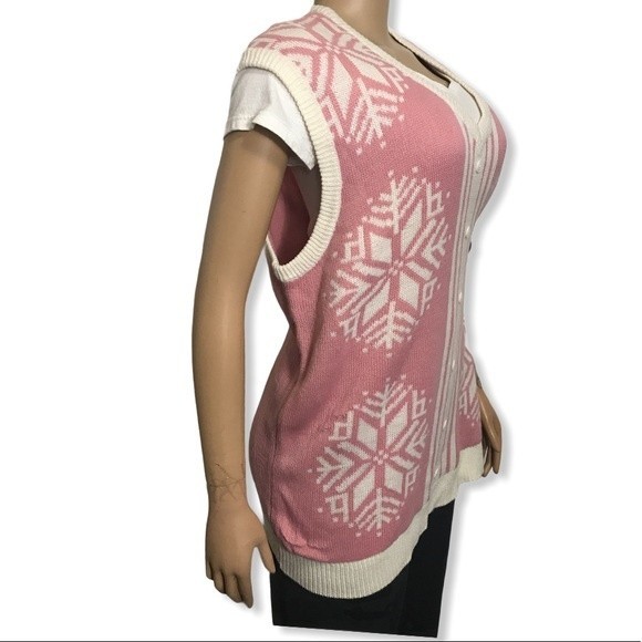 Vintage My Christmas Sweater Pink V Neck Vest Snowflake Print Ivory Size XXL - Picture 3 of 14